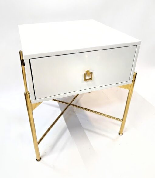 NIGHT TABLE white, with drawer, gold glitter base in glamour style, beautiful