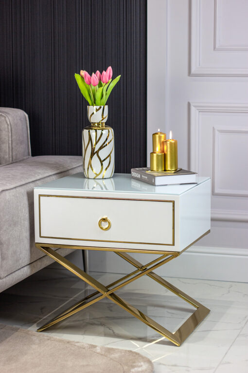 NIGHT TABLE white top, gold metal legs, glamour style