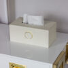 Faux Litchi rectangular tissue box, beige, gold decorative element.