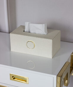 Faux Litchi rectangular tissue box, beige, gold decorative element.