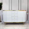 white chest of drawers, fluted, gold elements, glamour style