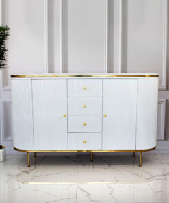 white chest of drawers, fluted, gold elements, glamour style