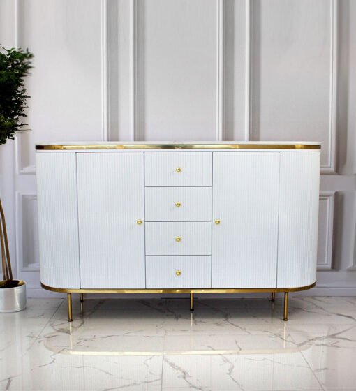 white chest of drawers, fluted, gold elements, glamour style