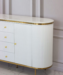 white chest of drawers, fluted, gold elements, glamour style, beautiful