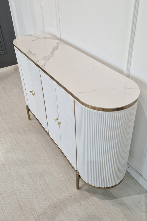 white chest of drawers, fluted front, stone sintered top, golden elements, unique