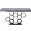 Modig-console-black-top-of-natural-stone-original-base-in-shape-of-honeycomb-silver-modern