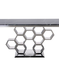 Modig-console-black-top-of-natural-stone-original-base-in-shape-of-honeycomb-silver-modern