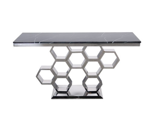 Modig-console-black-top-of-natural-stone-original-base-in-shape-of-honeycomb-silver-modern