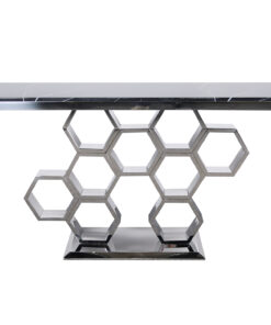 Modig-console-black-top-of-natural-stone-original-base-in-shape-of-honeycomb-silver-modern