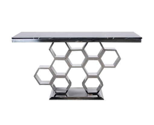 Modig-console-black-top-of-natural-stone-original-base-in-shape-of-honeycomb-silver-modern