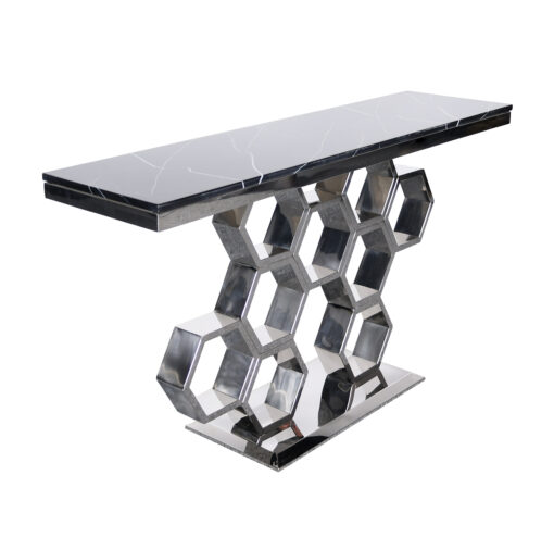 Modig-console-black-top-of-natural-stone-original-base-in-shape-of-honeycomb-silver-modern