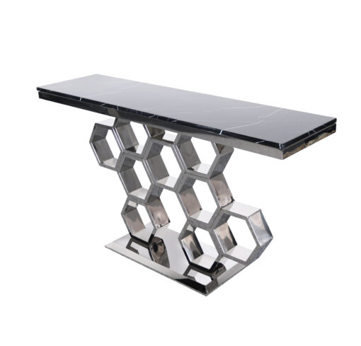 Modig-console-black-top-of-natural-stone-original-base-in-shape-of-honeycomb-silver-modern