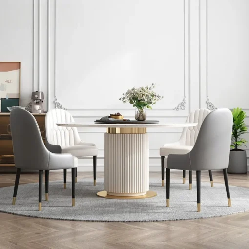 Dining table white, round marble top, fluted base, glamour style