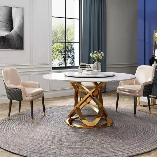 Round dining table, white, marble top, gold base, glamour