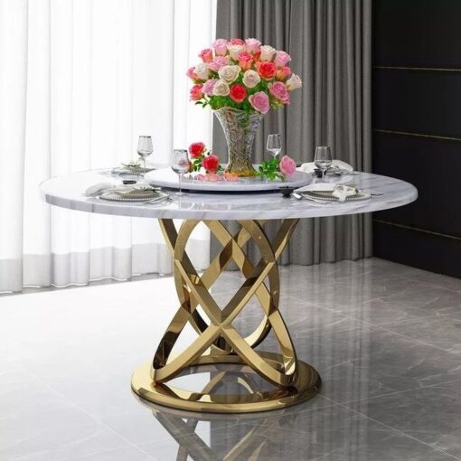 Dining table round, white, marble top, gold base, glamour, beautiful