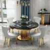 Dining table round, black, marble top, gold base, glamour style