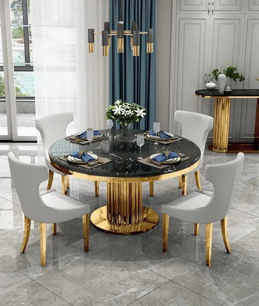 Dining table round, black, marble top, gold base, glamour style