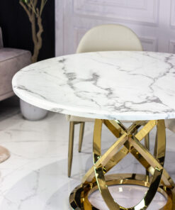 Dining table round, on gold metal base, white top imitating marble, modern, design