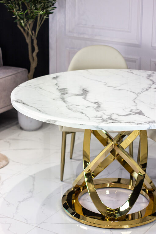 Dining table round, on gold metal base, white top imitating marble, modern, design