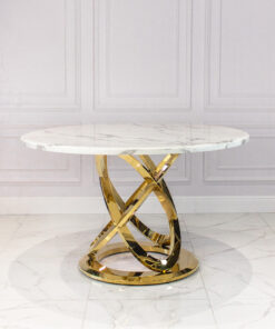 Dining table round, on a gold metal base, white top imitating marble, modern, elegant