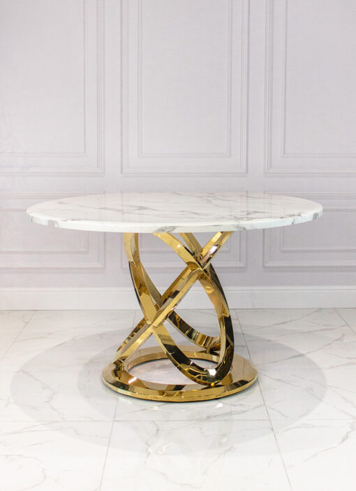 Dining table round, on a gold metal base, white top imitating marble, modern, elegant