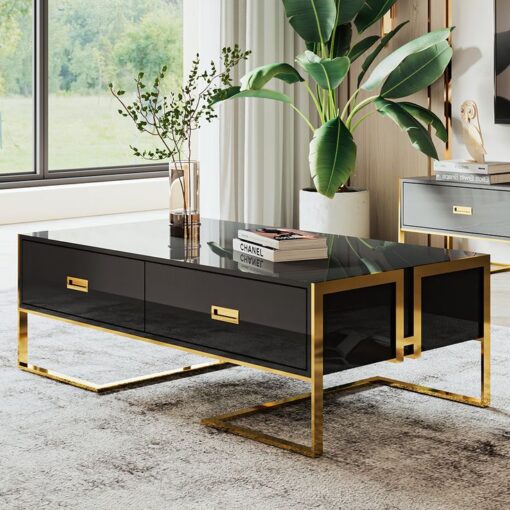 Rectangular coffee table, white, glass top, gold base, glamour style