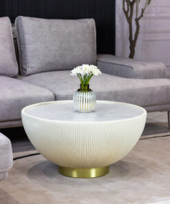 Coffee TABLE in the shape of a hemisphere, vertical white pleats, gold details, exclusive