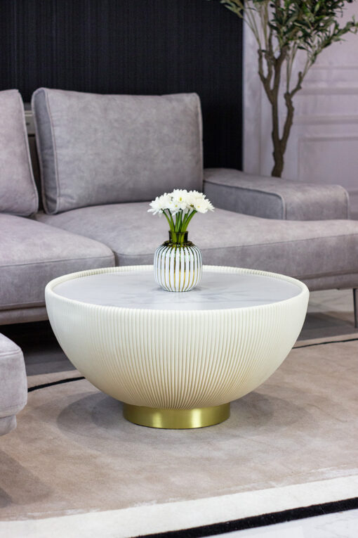 Coffee TABLE in the shape of a hemisphere, vertical white pleats, gold details, exclusive