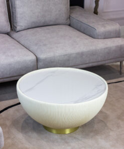 Coffee TABLE in the shape of a hemisphere, vertical white pleats, gold details, beautiful