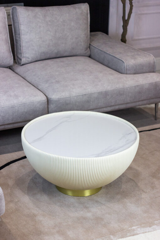 Coffee TABLE in the shape of a hemisphere, vertical white pleats, gold details, beautiful