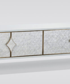 Stilig-desk-rtv-cabinet-champagne-silver-fronts-from-natural-marine-shell-white-gold-legs-handles-in-the-shape-of-rombows-original-styling-glamour-modern