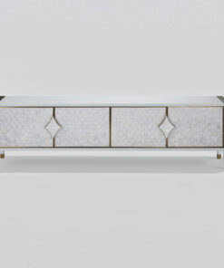 Stilig-desk-rtv-cabinet-champagne-silver-fronts-from-natural-marine-shell-white-gold-legs-handles-in-the-shape-of-rombows-original-styling-glamour-modern