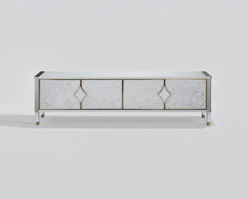 Stilig-desk-rtv-cabinet-champagne-silver-fronts-from-natural-marine-shell-white-gold-legs-handles-in-the-shape-of-rombows-original-styling-glamour-modern