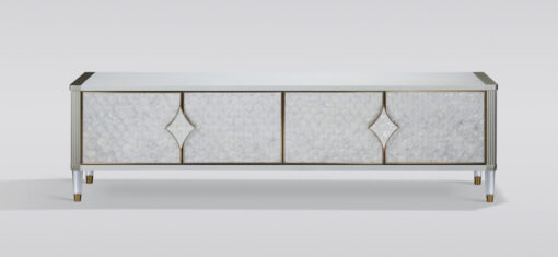 Stilig-desk-rtv-cabinet-champagne-silver-fronts-from-natural-marine-shell-white-gold-legs-handles-in-the-shape-of-rombows-original-styling-glamour-modern