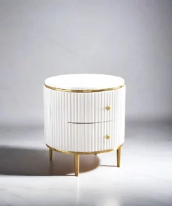 bedside table-white-carpeted-finished-gold-elements-white-carpeted-stone-top-two-drawers-modern-glamour