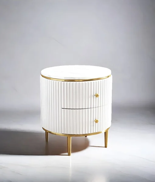 bedside table-white-carpeted-finished-gold-elements-white-carpeted-stone-top-two-drawers-modern-glamour