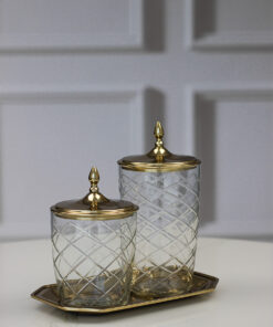 set-of-two-containers-on-trays-golden-lids-with-decorative-handles-glass-containers-classic-style