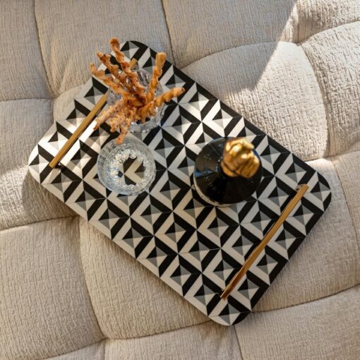 DECORATIVE TACA, rectangular in resin, geometric pattern, gold handles, exclusive