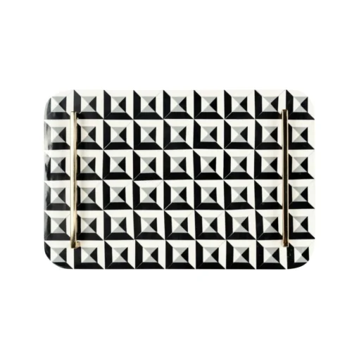 DECORATIVE TACA, rectangular in resin, geometric pattern, gold handles, for snacks