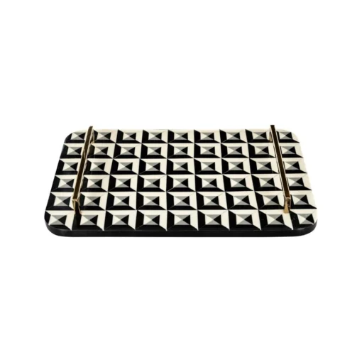 DECORATIVE TACA, rectangular resin, geometric pattern, gold handles, for table