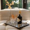 DECORATIVE TACA, rectangular in resin, geometric pattern, gold handles, unique