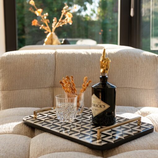 DECORATIVE TACA, rectangular in resin, geometric pattern, gold handles, unique
