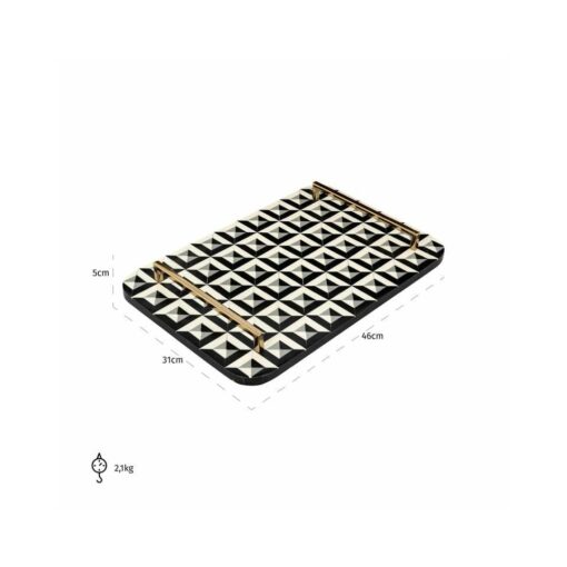 DECORATIVE TACA, rectangular in resin, geometric pattern, gold handles, dimensions