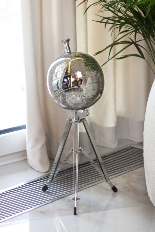 FLOOR DECORATION silver globe on tripod, glamour