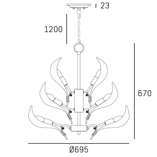 Cannes pendant lamp, brass frame, leaf-shaped glass shade, modern classic, large, dimensions