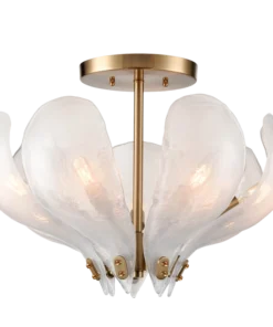 PLAFON Cannes with metal frame, brass color, leaf-shaped glass lampshade, modern classic