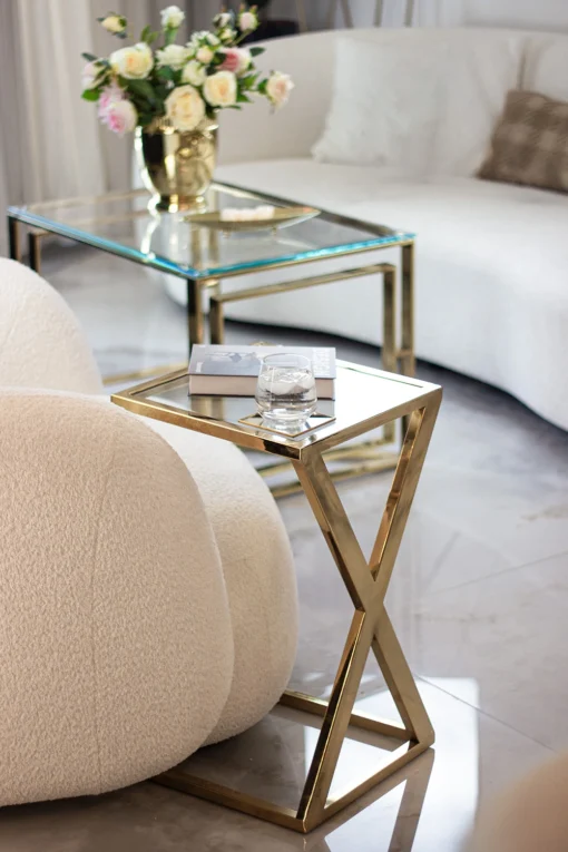 HELP TABLE square, on gold frame, glass top, beautiful