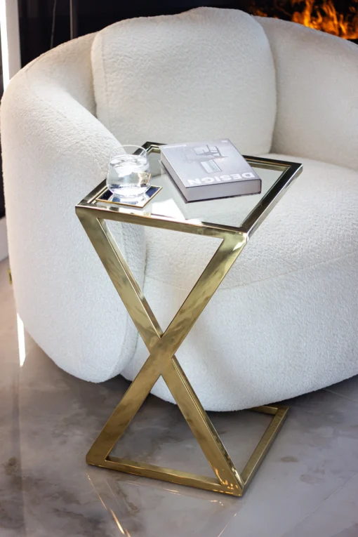 HELP TABLE square, on gold frame, glass top, unique