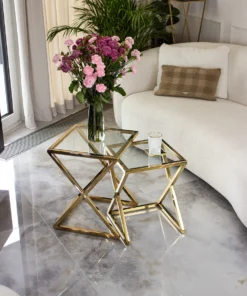 2-in-1 COFFEE TABLE SET, gold metal frame, transparent glass top