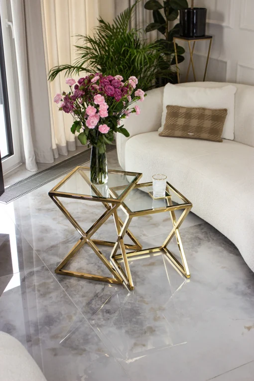 2-in-1 COFFEE TABLE SET, gold metal frame, transparent glass top